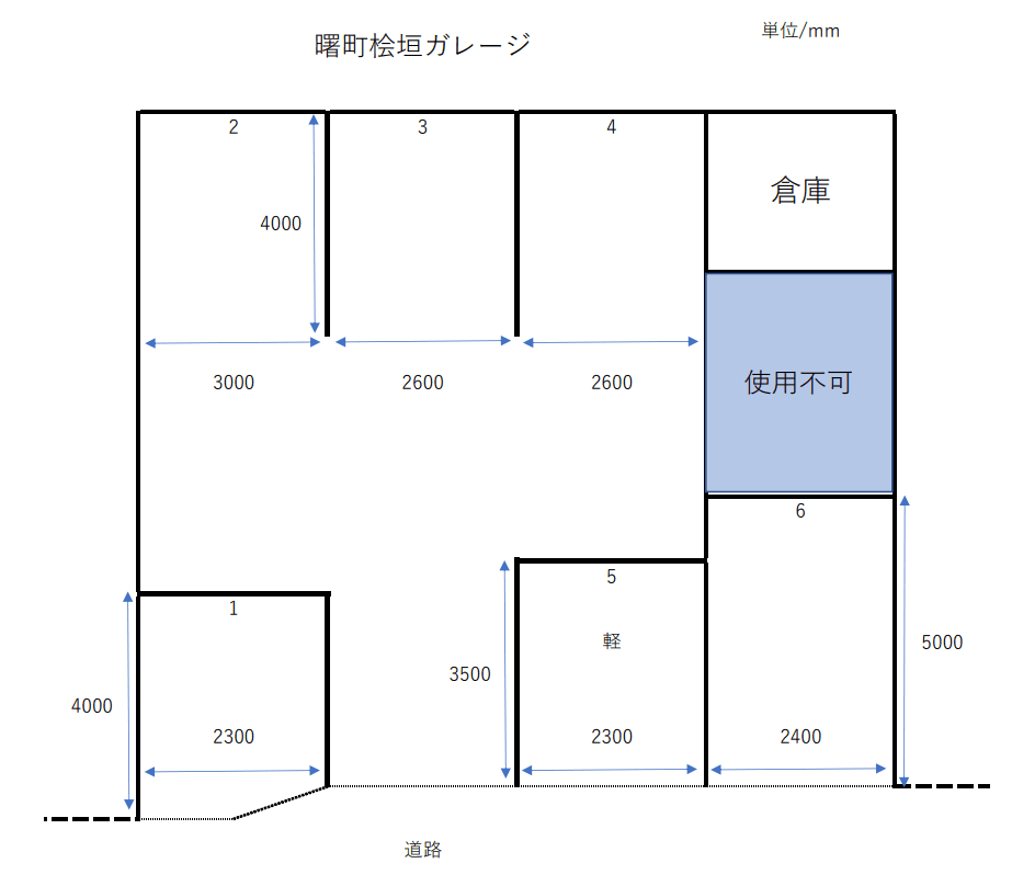 曙町桧垣ガレージの駐車配置図