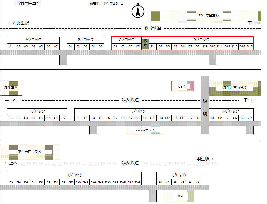 西羽生駐車場C・Dの駐車配置図