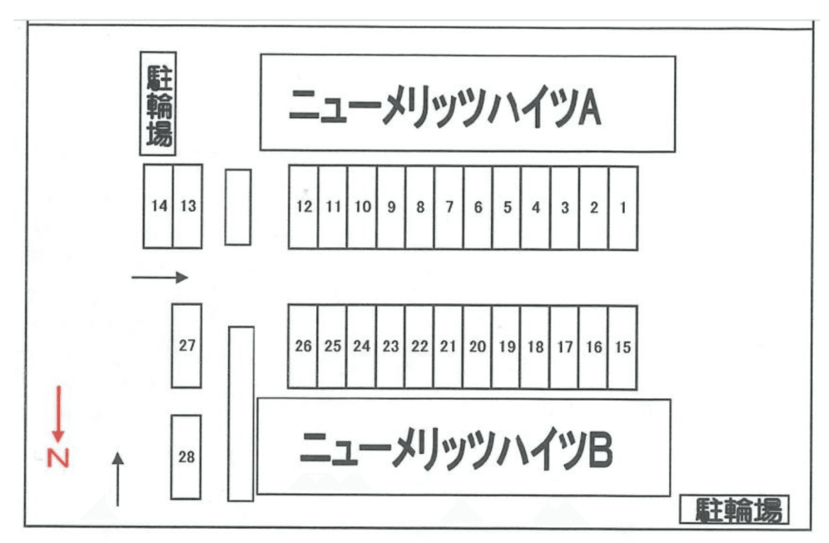 ﾆｭｰﾒﾘｯﾂﾊｲﾂA･B　敷地内駐車場の駐車配置図