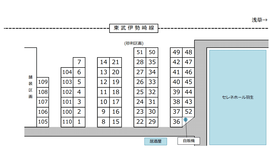 羽生駅西口第二駐車場（砂利）の駐車配置図