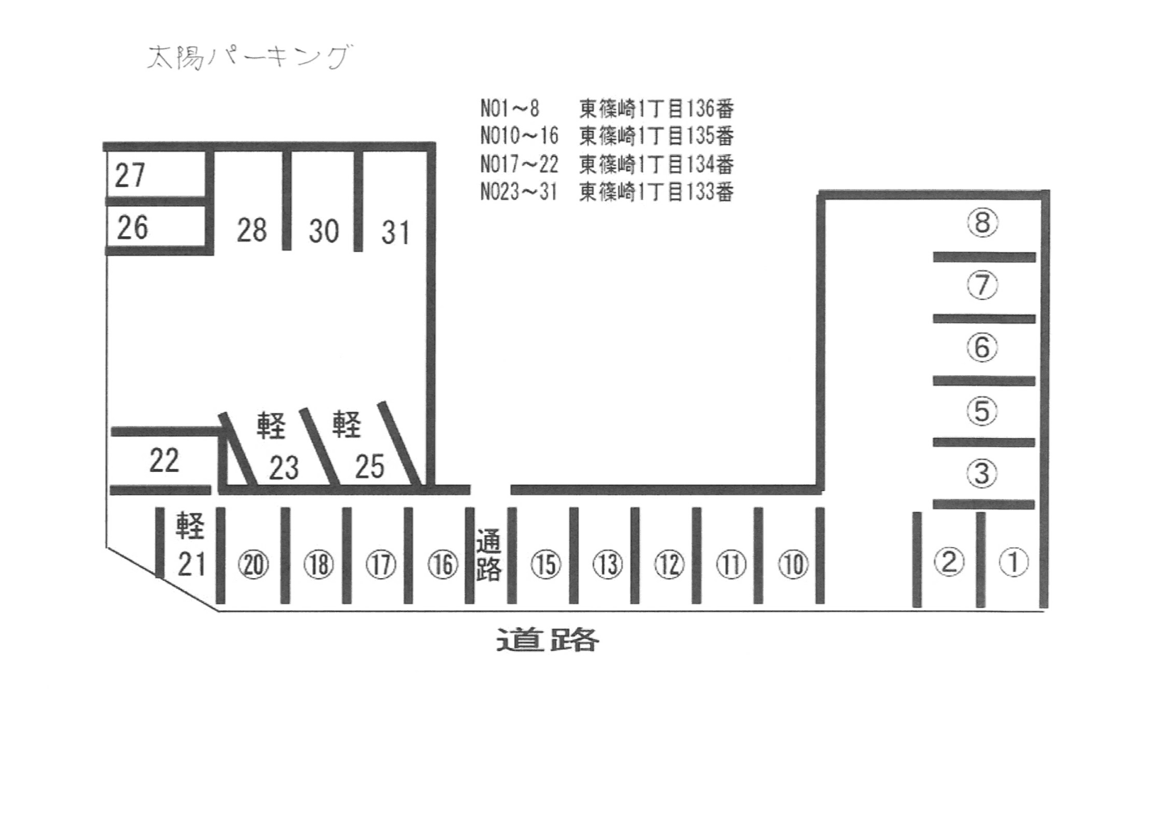 太陽パーキング（№17～31）の駐車配置図