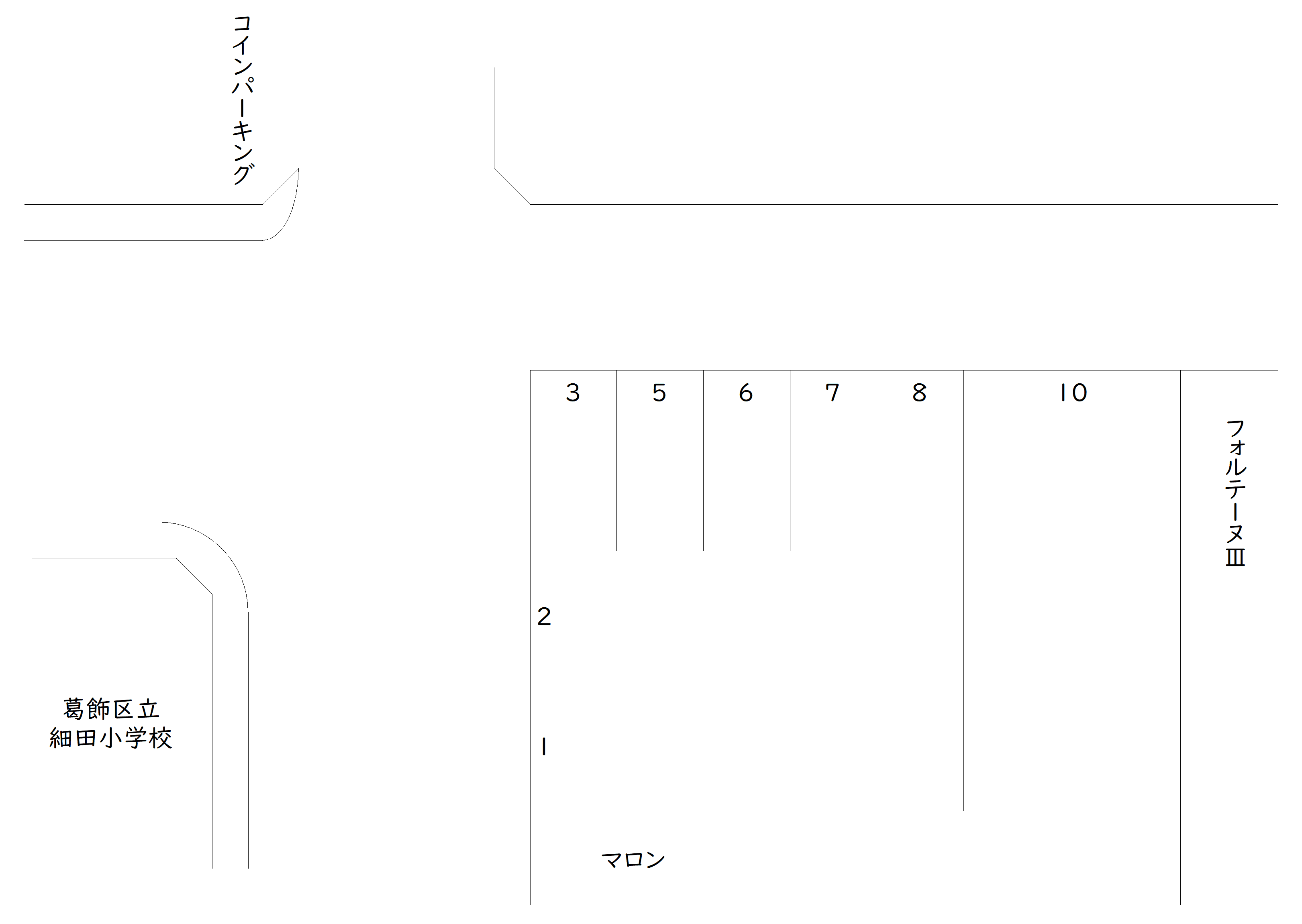 細田3-19北西角 駐車場の駐車配置図