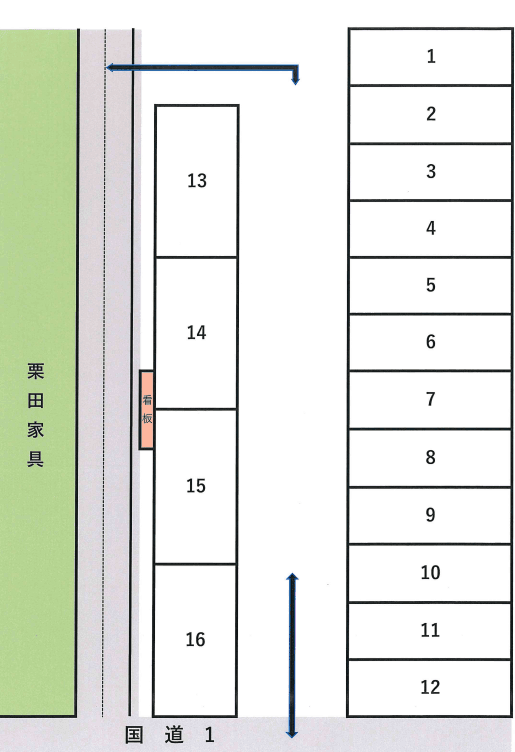 マルゼン駐車場　栗田家具センター並びの駐車配置図