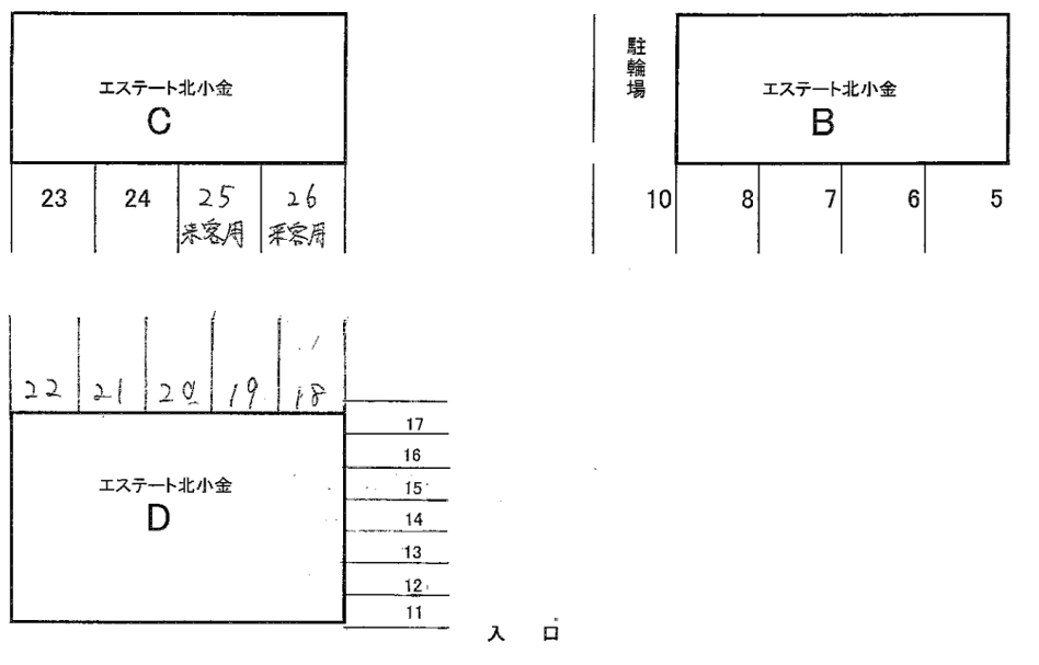 エステート北小金A～D棟駐車場の駐車配置図