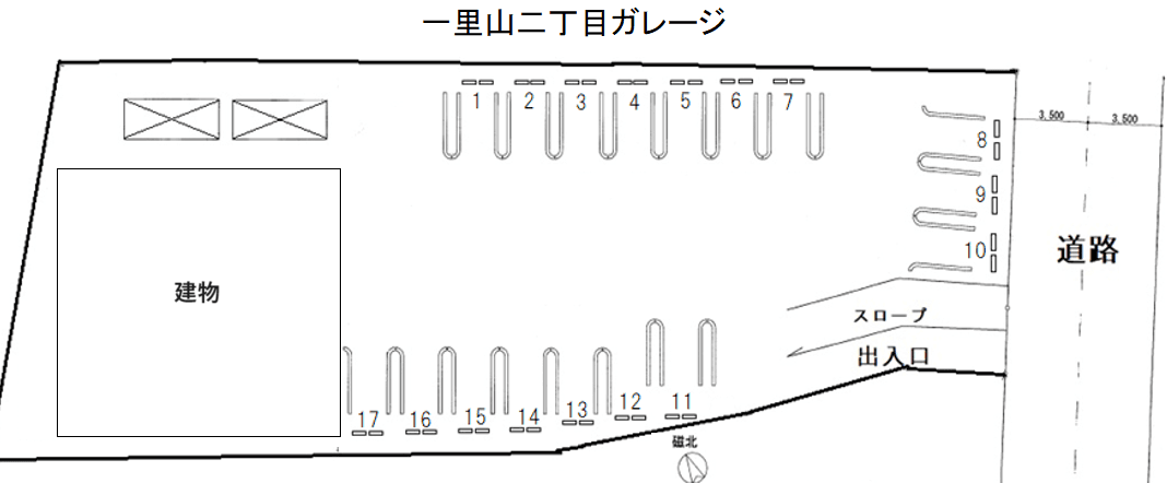 一里山二丁目ガレージの駐車配置図