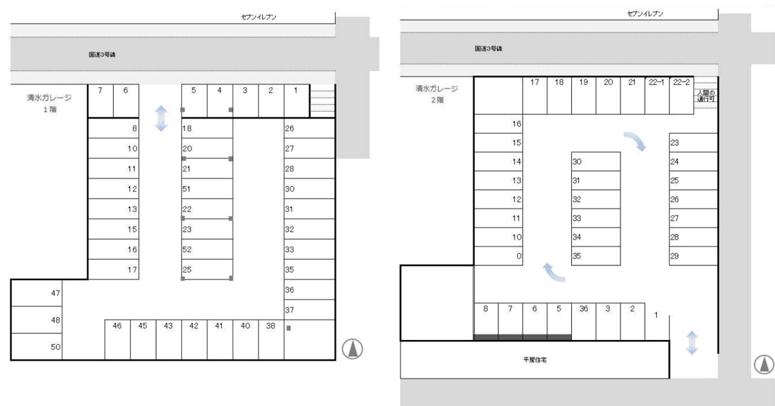 清水ガレージの駐車配置図