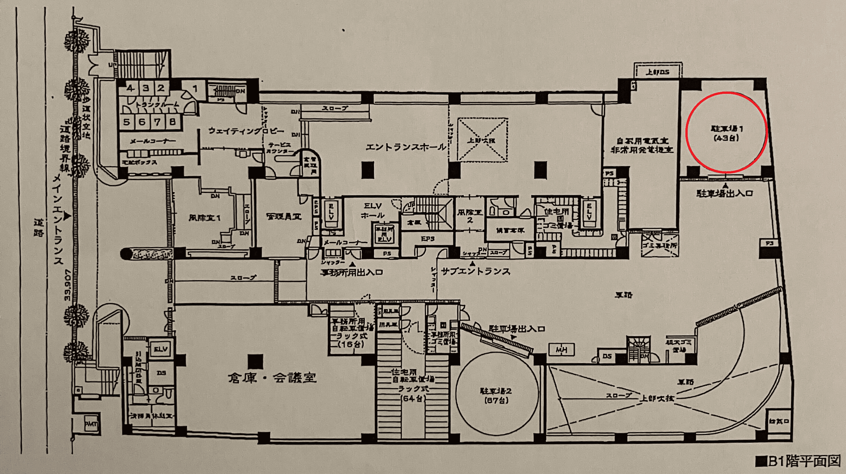 パルシオ五番町ＫＵビル地下駐車場　1号機の駐車配置図