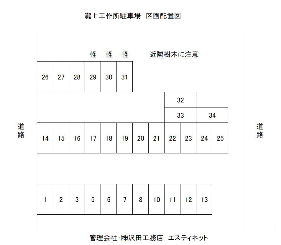 瀧上工作所駐車場の駐車配置図