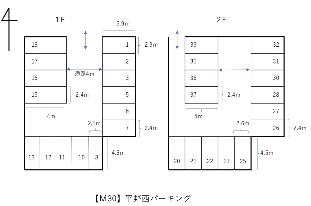 平野西パーキング（2階建て）の駐車配置図