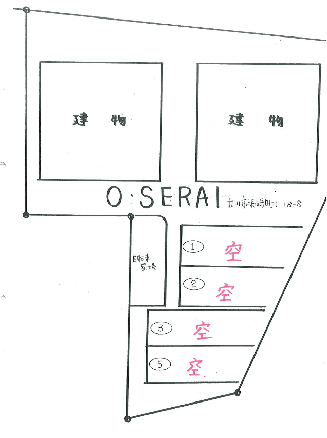 O・SERAI　(ｵｰ･ｻﾗｲ)駐車場の駐車配置図