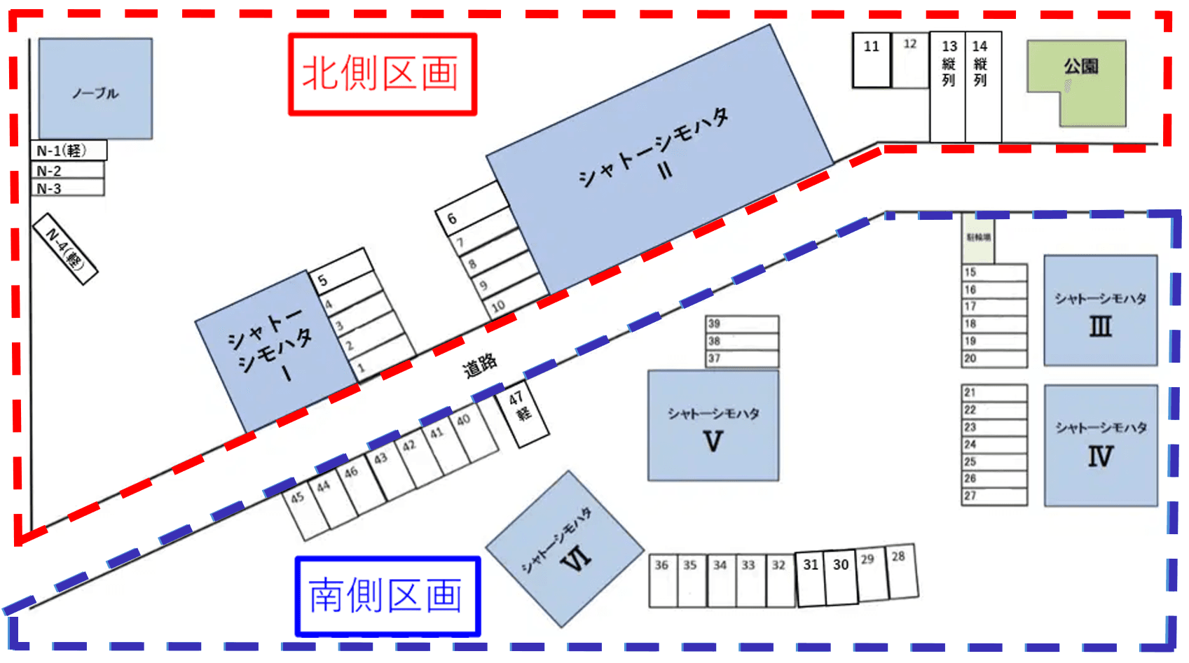 シャトーシモハタ駐車場(北側区画)の駐車配置図
