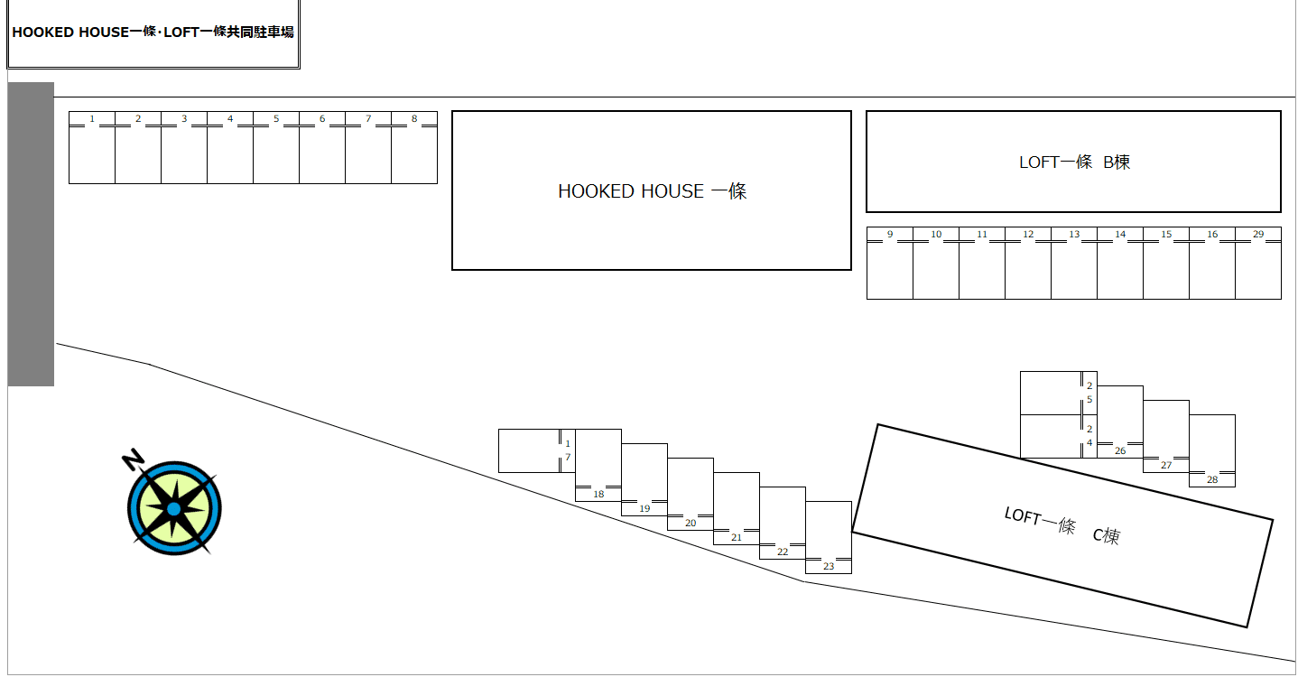 HOOKED HOUSE 一條&LOFT 一條 共同駐車場の駐車配置図