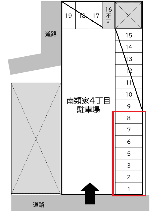 南類家4丁目駐車場(No1~No8)の駐車配置図