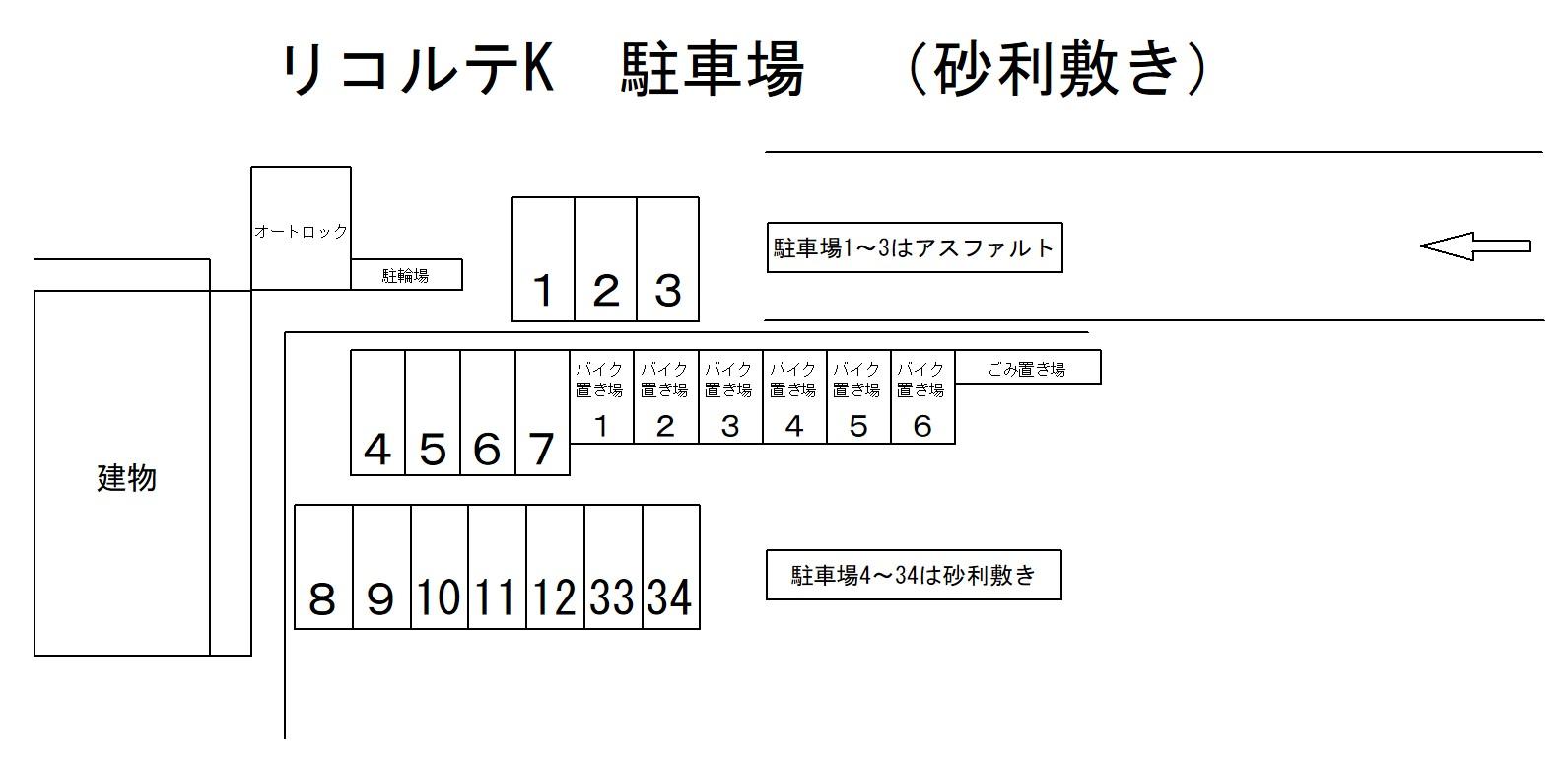 リコルテK 駐車場 (砂利敷き)の駐車配置図