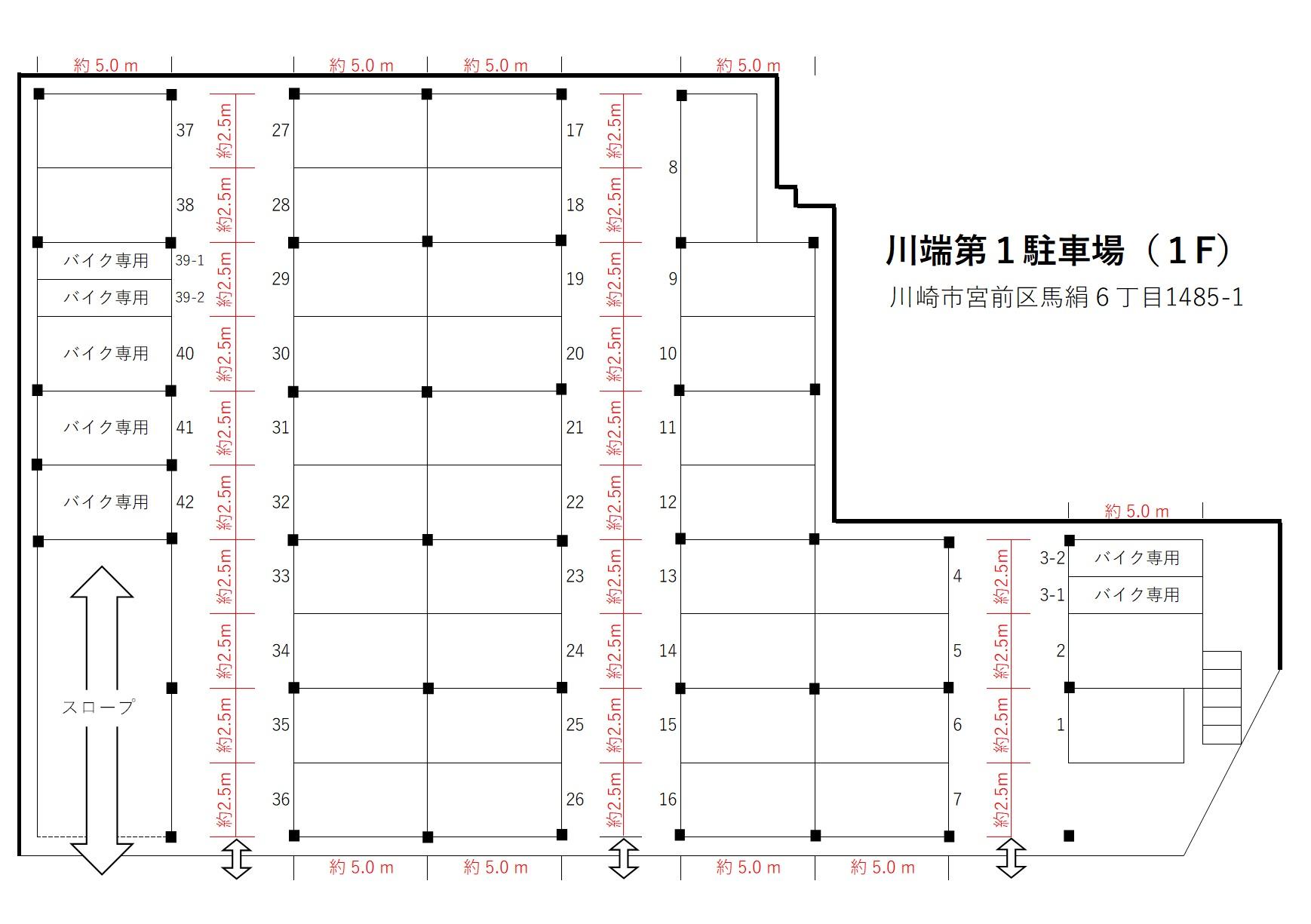 川端第1駐車場 1階の駐車配置図