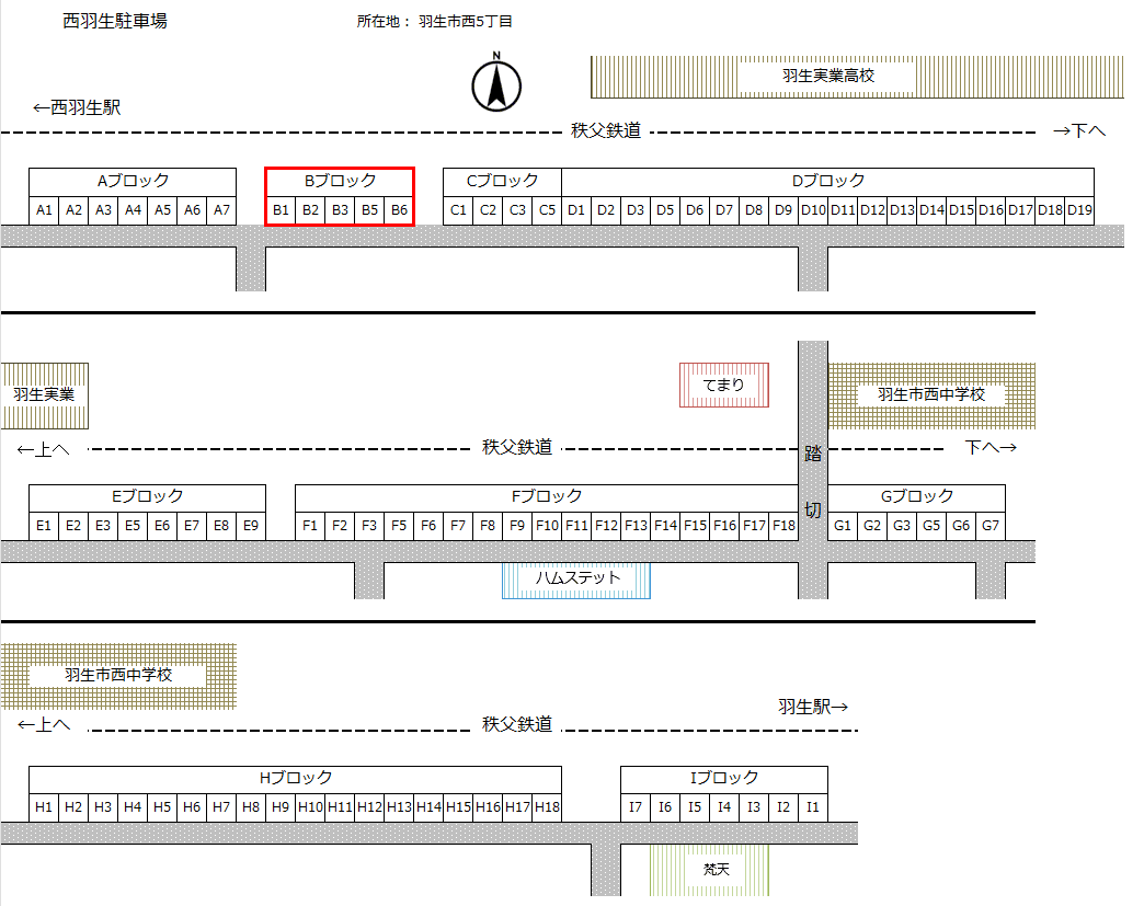 西羽生駐車場Bの駐車配置図