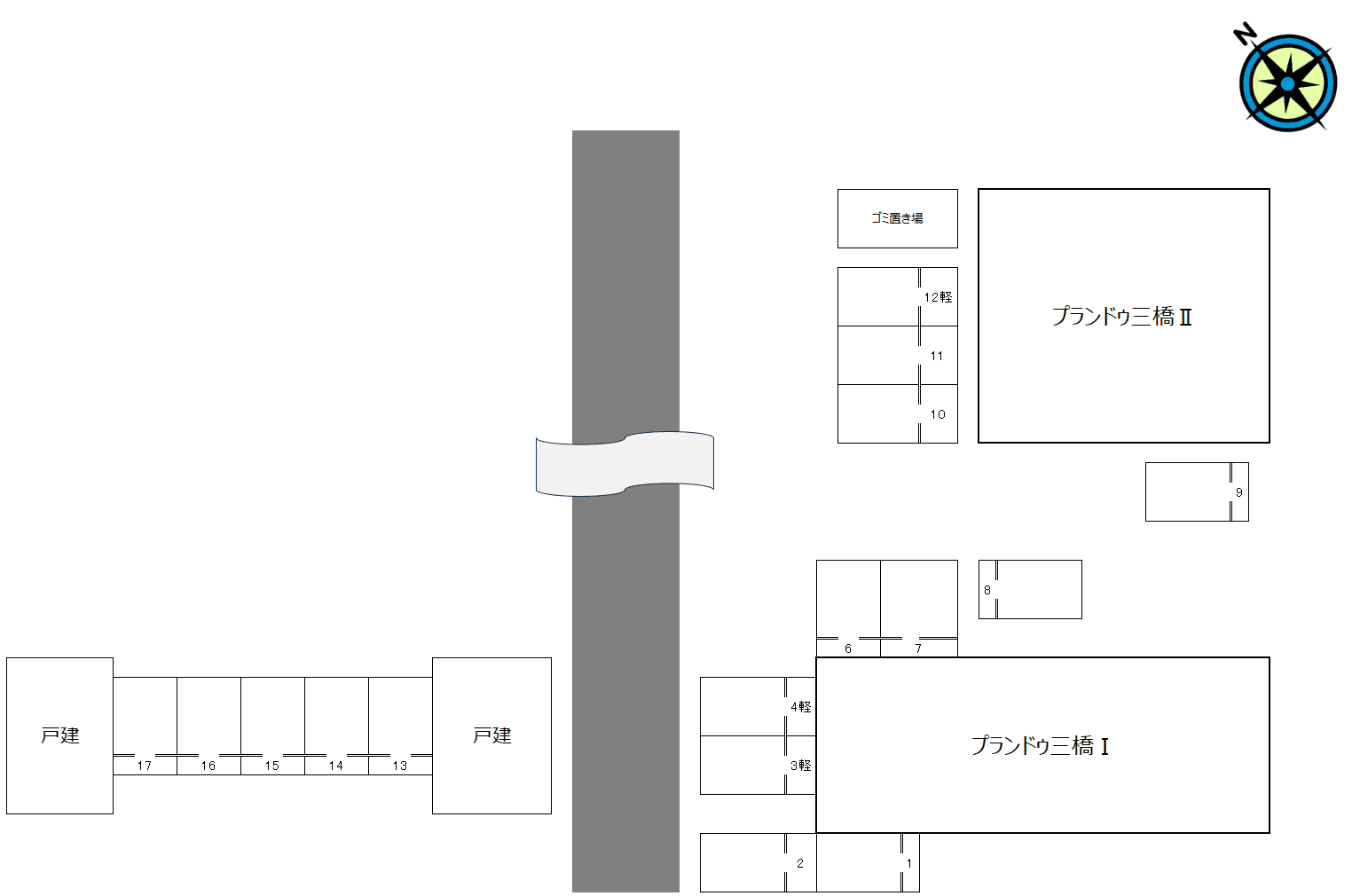 プランドゥ三橋Ⅰ・Ⅱ共同駐車場の駐車配置図