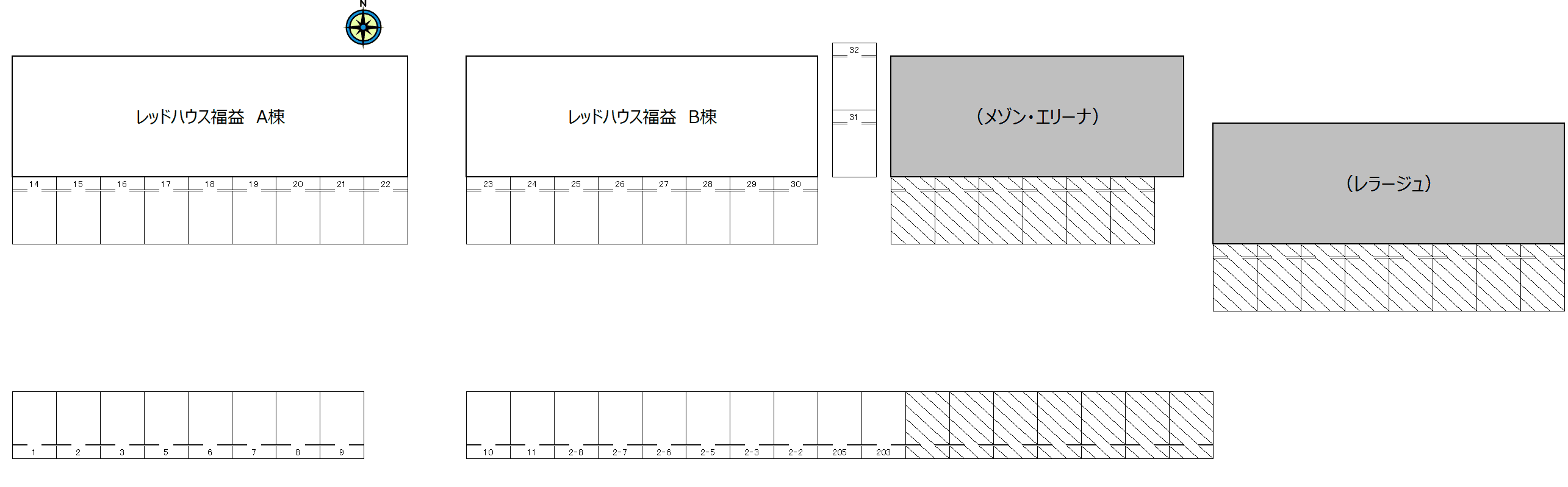 レッドハウス福益A・B共同駐車場の駐車配置図