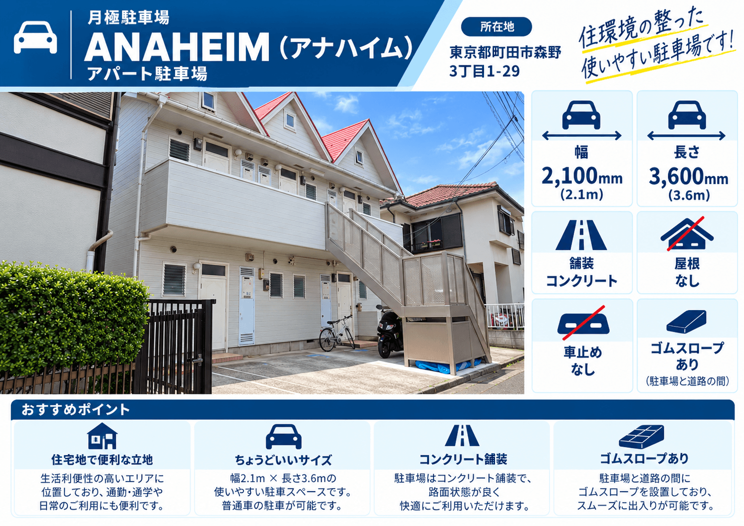 ANAHEIM(アナハイム)アパート駐車場の外観・駐車場イメージ1枚目
